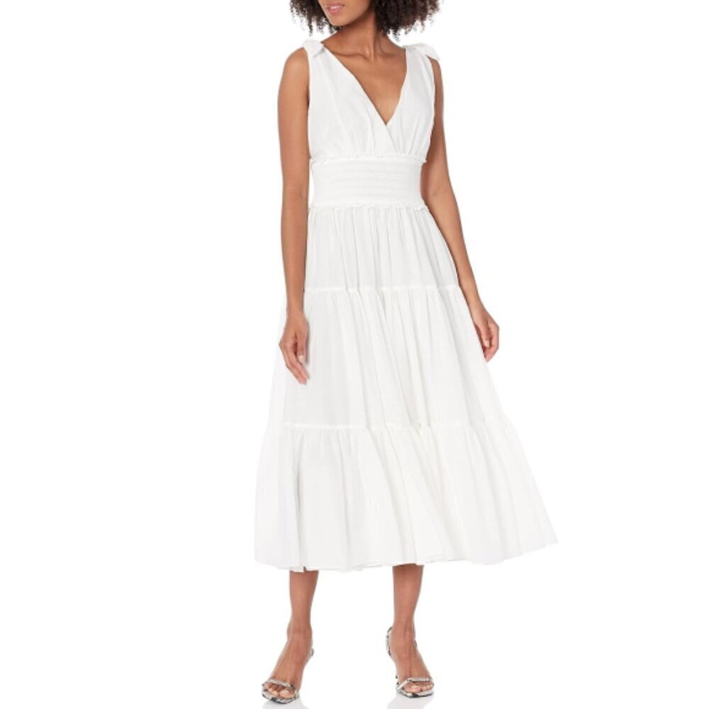 CINQ À SEPT 'Tamar' Sleeveless Cotton-Silk Blend Tiered Midi-Dress, Ivory